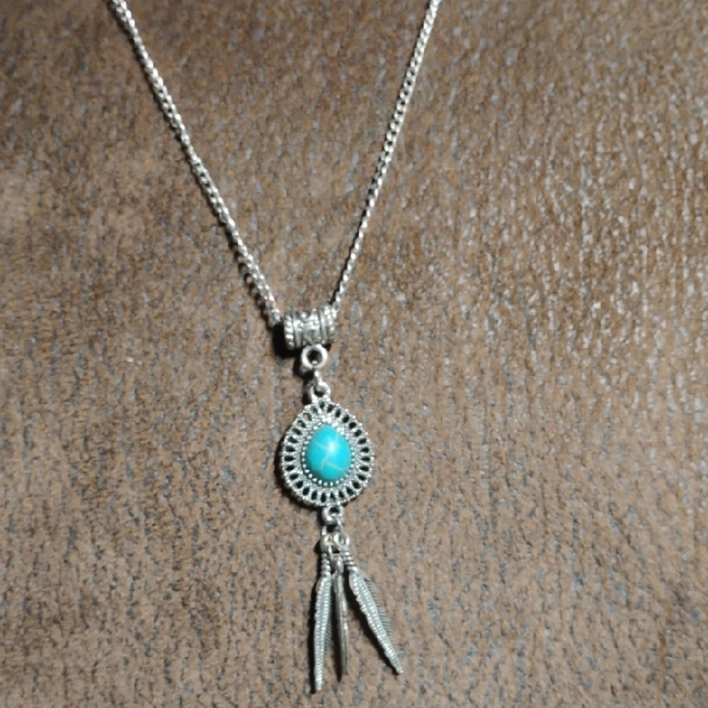 Silver Turquoise Pendant Necklace with Feather Accents